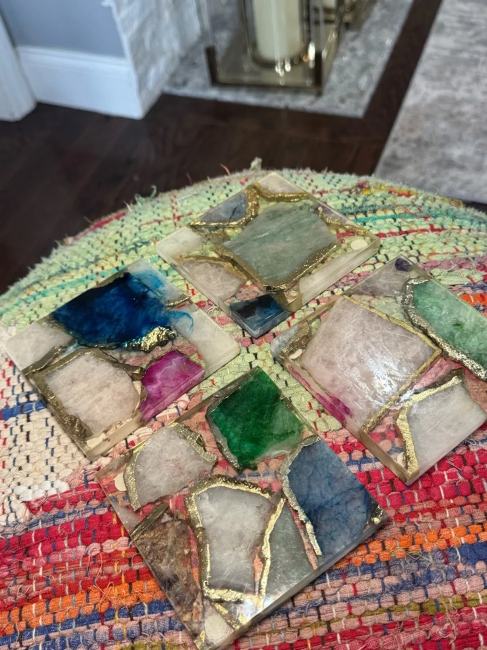 Anthropologie Multicolor Gemstone Mosaic Coasters with Gold Veining set of 4 - Picture 2 of 4